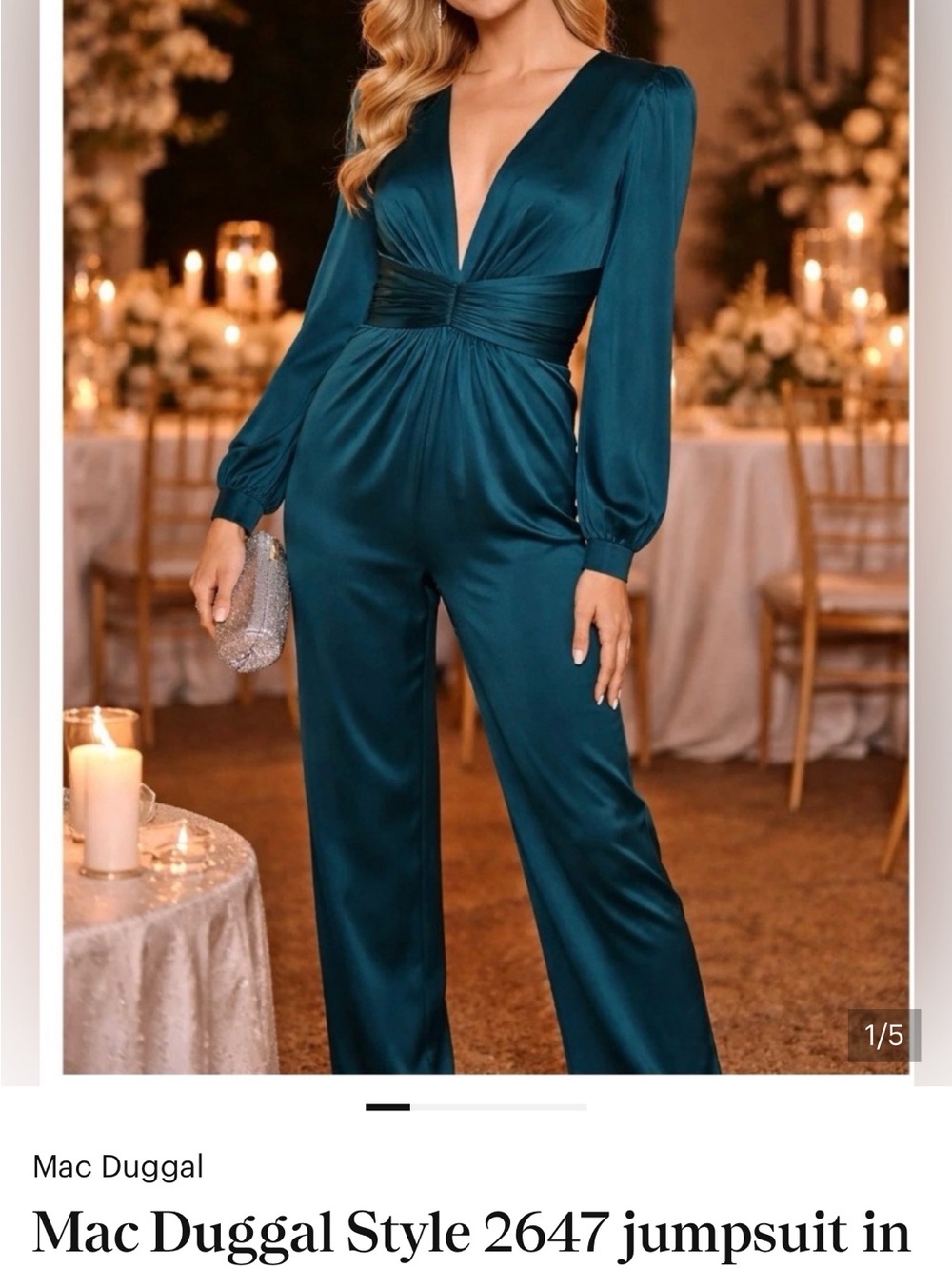 Mac Duggal Deep Teal Satin V-Neck Jumpsuit